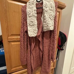 Women's Pink Cable Knit Sweater with Cream Collar